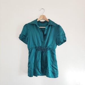 BCBGMaxazria Forest Green Silk Babydoll Short Sleeved Blouse